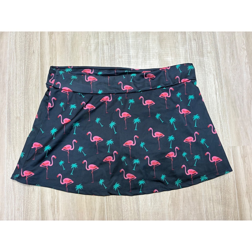 Alex Vando Womens Swim Skirt Black Flamingo Palm Tree Tropical Print Large